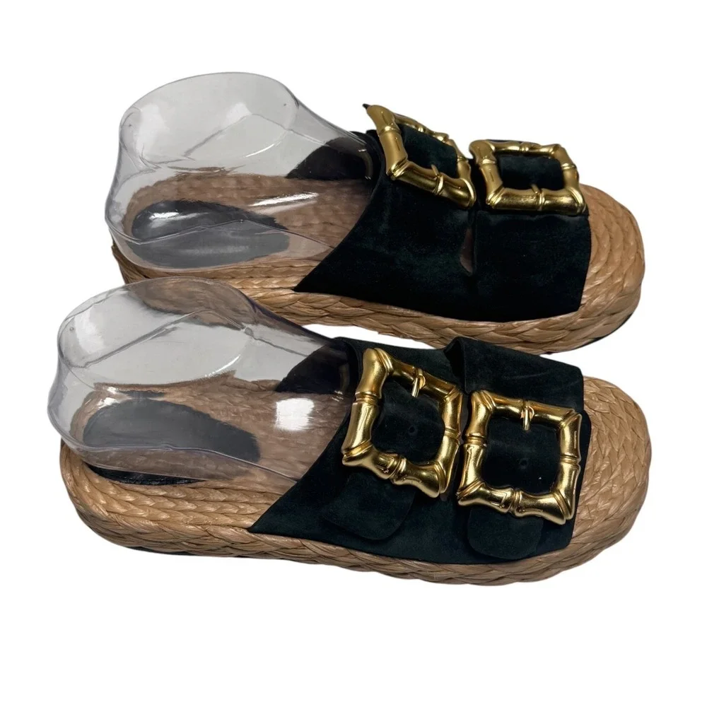 Schutz Enola Rope Platform Sandal Black Suede Gold Bamboo Buckle Womens 7.5B